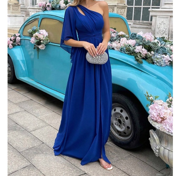 Luxe Royal Blue One Shoulder Party Formal Wedding Dress - Picture 2 of 5